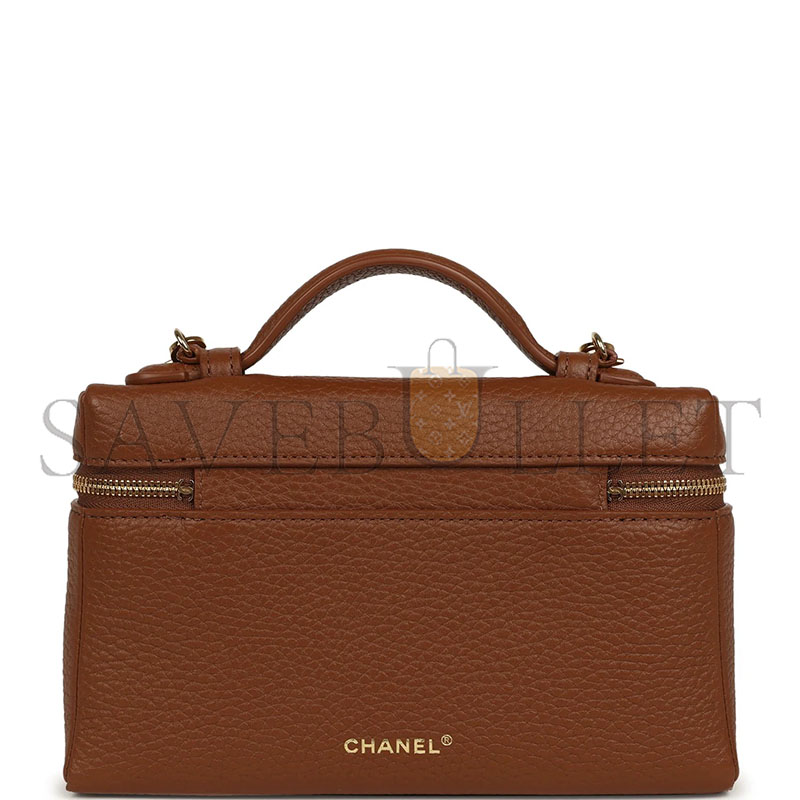 Ch**el MASTER GRAINED CALFSKIN TOP HANDLE SLIM VANITY CASE WITH CHAIN CAMEL CAMEL (19*12*5cm)